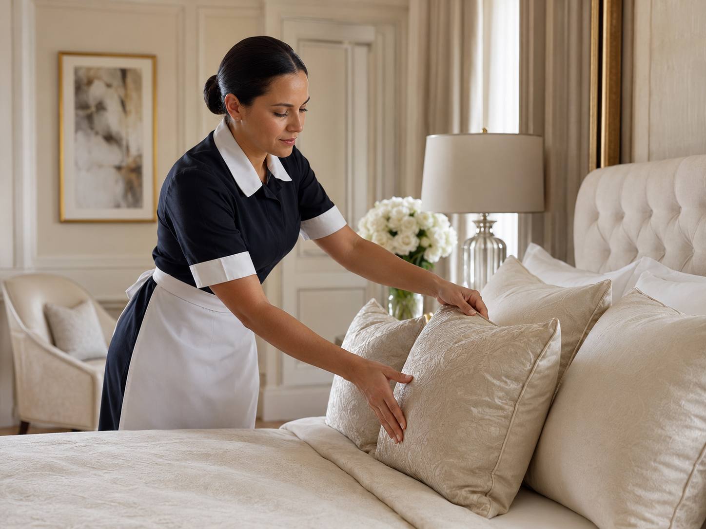 Arrumadeira de uniforme preto e branco ajeitando as almofadas da cama de uma suíte