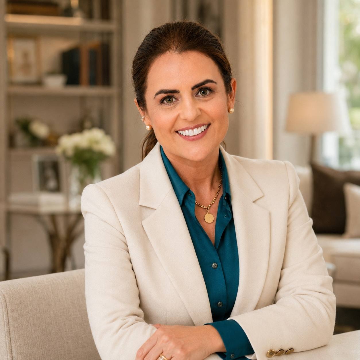 Luciana Xavier sorrindo, de blazer claro e blusa verde