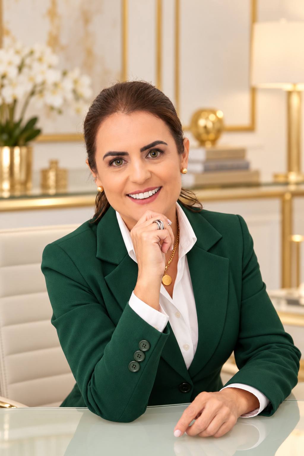 Luciana Xavier, fundadora da agência, de blazer verde, sorrindo à mesa